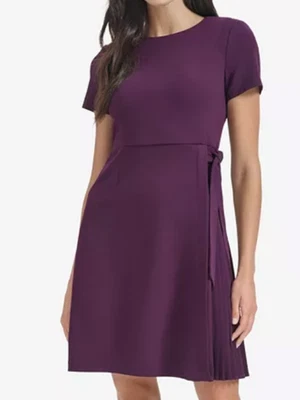 NWT Calvin Klein Short Sleeve Pleat Dress Tie Sash, Aubergine, 8, $134 - Image 1 of 4