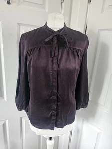 Camisa Blusa de Seda Este Cuello Mandarín Borgoña Rico Talla 14 - Imagen 1 de 14