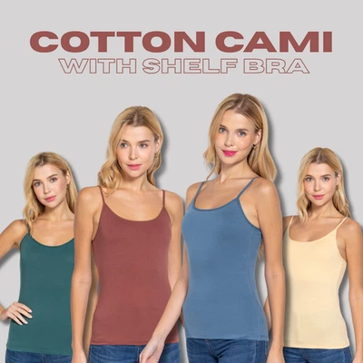 Cami Tank Adjustable Spaghetti Strap Cotton Fitted Sleeveless Top Shelf Bra - Image 1 of 3