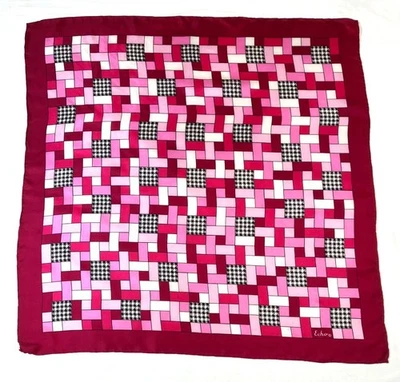 Vintage 1960s Echo Geometric Pink Red Silk Scarf Basketweave Houndstooth - Image 1 of 4