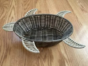 TURTLE BASKET/TRAY DARK & LIGHT GRAY FAUX RATTAN ~ METAL FRAME INDOOR/OUTDOOR - Picture 1 of 5
