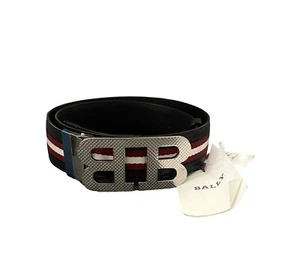 $450 NWT Bally Mirrored Brown Reversible Logo Buckle Leather/Nylon Belt 34(85) - Picture 1 of 5