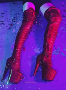 7" Red Latex Platform Thigh High Mens Drag Queen Crossdresser Boots 12 13 14 - Picture 1 of 6