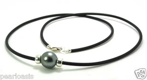 12.7MM Gray Tahitian Pearl & Roundal Station on Rubber Cord, 925 Silver, 24" - Picture 1 of 2