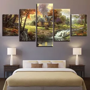 Forest Trees House Stream Landscape Canvas Print Painting Wall Art Home Decor 5P - Picture 1 of 5