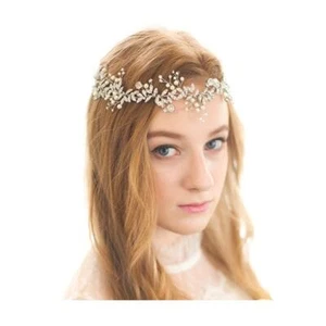 Woman Beaded Headpiece Crystal Wedding Vine Bridesmaid Headband with Ribbon R... - Picture 1 of 6