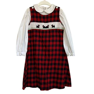 Vtg Silly Goose Hand Smocked Dogs Red Plaid Jumper Dress Set Long Sleeve Size 6X - Picture 1 of 11