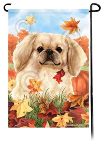 Falling Leaves Garden Flag - Cream Pekingese - Picture 1 of 1