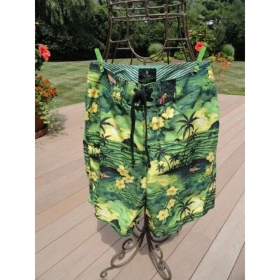 Bañador Hombre Vintage Antiguo Azul Marino Patrón Tropical Mediano Nylon Verde Amarillo Foto 1 de 4