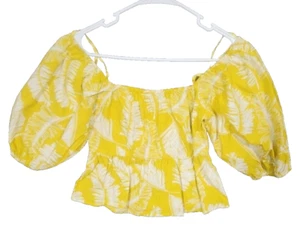 Sim & Sam Damen Top Bluse Puffärmel Gelb Blumen Small S Crop Baumwolle Neu mit Etikett - Bild 1 von 8
