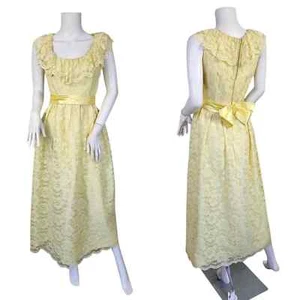 1960s Lemon Yellow Lace Long Ruffled Neck Maxi Dress I Sz Med I Prom - Picture 1 of 7