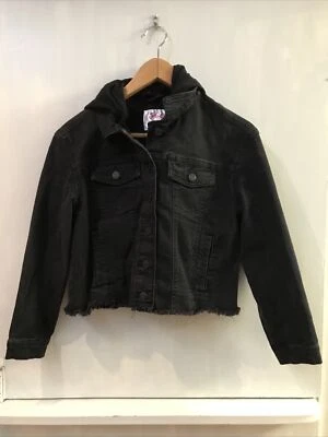 Chaqueta vaquera negra con capucha Justice talla 12 para niñas dobladillo de borde crudo Foto 1 de 3