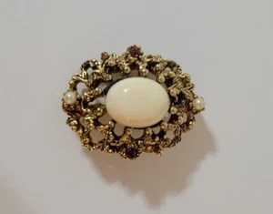 Vintage Brosche mit offener Spitze oval Kunststein goldfarben Metall - Bild 1 von 5