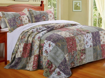 QUALITY BEAUTIFUL PATCHWORK GREEN IVORY PINK ROSE BLUE COUNTRY COTTAGE QUILT SET KING