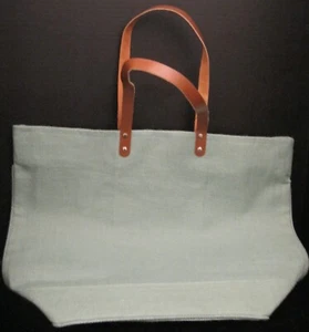 JUTE TOTE SHOPPING BAG FRENCH BLUE FAUX LEATHER STRAPS ZIPS CLOSED INSIDE POCKET - Picture 1 of 6