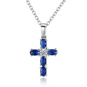 ZARD Cross Pendant Necklace in Royal Blue Cubic Zirconia and Sterling Silver - Picture 1 of 6