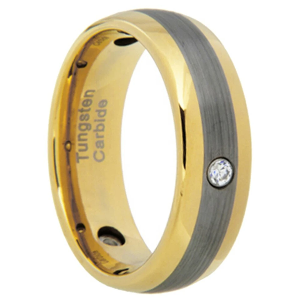 Alianza de boda de carburo de tungsteno dorado de 8 mm y 3 piedras talla 12 Foto 1 de 1