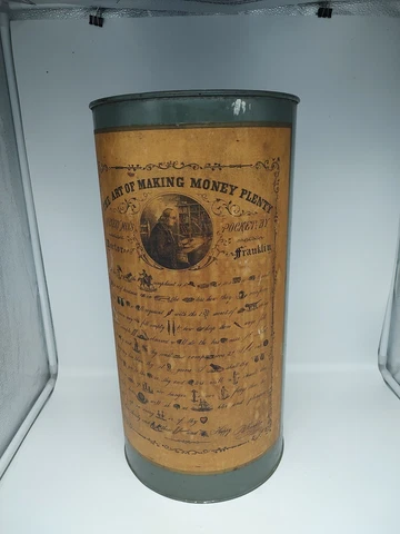 Antique The Art of Making Money Plenty Vintage  Trash Tin 17” Can Umbrella Stand Cover