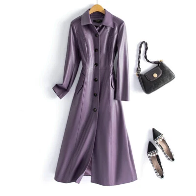 New Women's PU Leather Trench Coat Long Ladies Leather Windbreaker XXS-4XL - Image 1 of 4