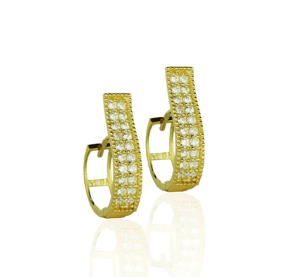 14k Yellow and White Gold Two Row CZ Pave Set Huggie Hoop Earrings - Image 1 of 1