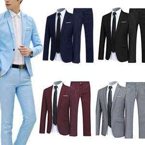 2PCS Tute Uomo Slim Fit Tute smoking Tinta Unita Blazer Formale Giacca e Pantaloni - Foto 1 di 39