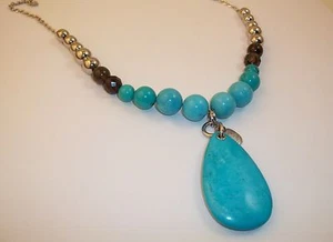 Fossil Jewelry Turquoise Large Teardrop Stone Stainless Steel Necklace #195 - Picture 1 of 3