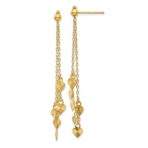 14K Solid Yellow Gold Diamond Cut Hearts Post Dangle Earrings - Picture 1 of 5