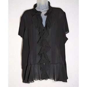Marianne Sheer Blouse Women's Size 3XL Black Ruffle Front Top Short Sleeve VNeck - Picture 1 of 9