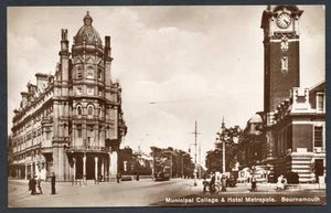 Postcard Bournemouth Dorset tram Municipal College and Hotel Metropole 1926 RP - Foto 1 di 2