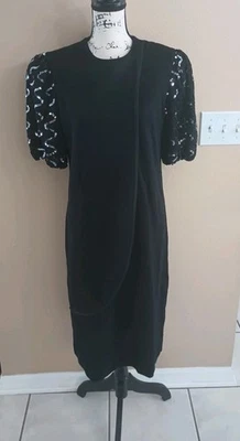 Vintage Leslie Fay Size 12 Black Cocktail Dress  Puffy Sequin Sleeve 80s 90s  - Image 1 of 4