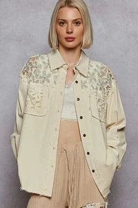 POL Pearl Lace Patchwork Embroidered Tunic Button Down Shirt in Oatmilk Beige - Picture 1 of 7