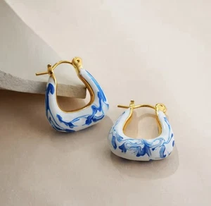 Blue & White Marble Enamel Hoop Earrings, Gold Plated Stainless Steel - Picture 1 of 1