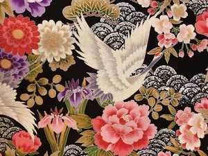 Japanese Crane Floral fabric UK 100% cotton material metres Animal Birds Flowers - Picture 1 of 2