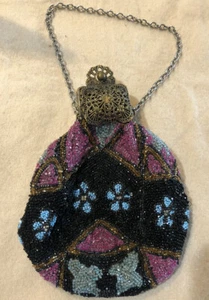 Antike edwardianische Perlen Geldbörse, Blumenmuster, Metallscharnierverschluss - Bild 1 von 3