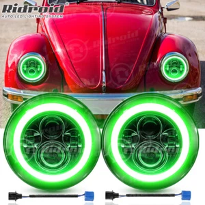 Pair 7" Inch Round LED Headlights For VW Beetle 1950-1979 Green Halo Angel Eyes - Picture 1 of 21