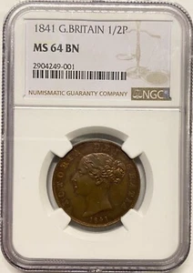 Great Britain 1841 1/2d Half Penny Coin - NGC MS-64 BN - Picture 1 of 3