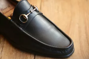Gucci Black Leather Silver Bit Loafers Shoes Men's UK 8 E US 9 EU 42 - Picture 1 of 12