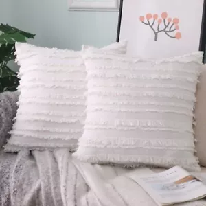 2 Pack Boho Throw Pillow Covers, Jacquard Tassels Cushion Covers 18x18in - Picture 1 of 2