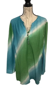 Jones New York donna 2X tunica blusa top ombreggiato tie dye perline blu verde - Foto 1 di 8