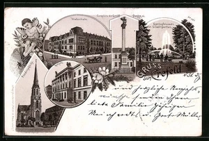 Lithographie Crefeld, Webschule, Springbrunnen im Stadtgarten, Friedenskirche - Picture 1 of 2