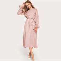 high waist belted lace panel maxi dress