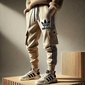 "Adidas Beige Cargo Sweatpants - Iconic 3-Stripes, Comfortable & Stylish Fit" - Picture 1 of 3