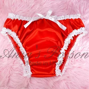 Sissy Satin Christmas Panties for MEN Red Lacy shiny Full Cut Bikini panties - Picture 1 of 4