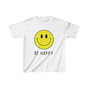 Kids Be Happy Yellow Smile Face Shirt Happy Face Cute Hippie 70s Cotton T-Shirt - Picture 1 of 17