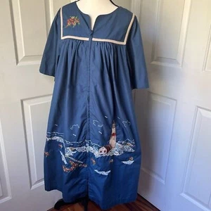 Go Softly Patio Dress Blue Floral Embroidered Pockets Size S lighthouse Muumuu - Picture 1 of 5