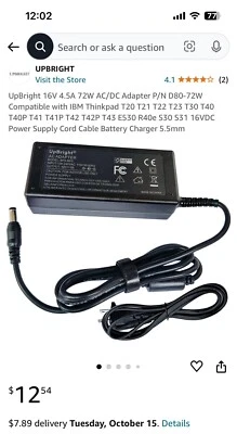 AC Power Adapter Output:16V~4.5A P/N:D80-72W For IBM Thinkpad T20 T21 T22 T23 30 - Image 1 of 2