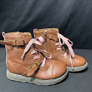 Carters Toddler Girls Boots Brown Pink Lace Up Size 10 Combat Style - Picture 1 of 6