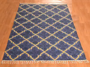 Handmade Grid Cotton Block Printed Rug Lurex Hand Work Bedroom 4x6 Feet Dhurrie - Picture 1 of 6