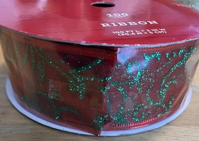 2" Wired Ribbon Metallic Banded Edge Red Sheer with Green Glitter, 100’ x 2” - Image 1 of 4