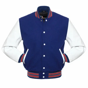 New Varsity Bomber Letterman Blue Wool Jacket White Real Leather Sleeves   - Picture 1 of 7